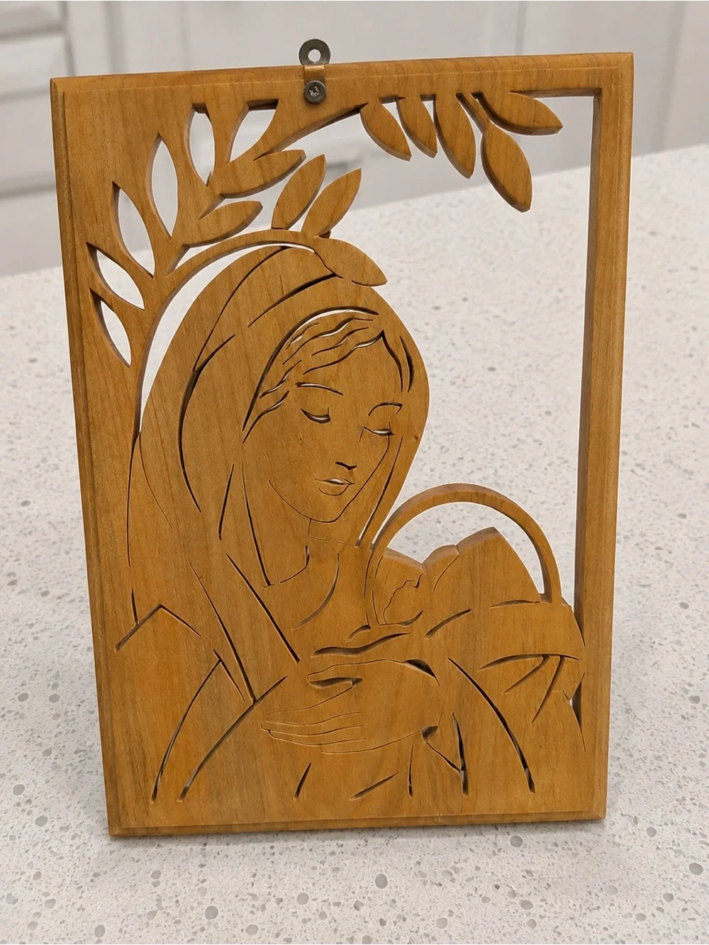 Vintage Hand Carved Madonna & Child Wooden Wall Plaque Signed 1998 Religious Art